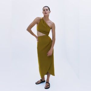 ZARA GOLD APPLIQUÉ ASYMMETRIC MIDI DRESS | OLIVE GREEN